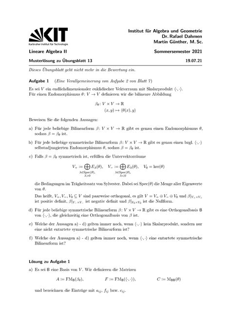 Übungsblatt 13 mit Lösung Institut f ur Algebra und Geometrie Dr