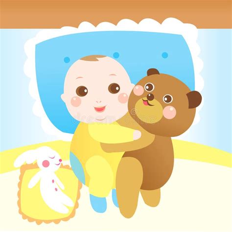 Baby Hugging Teddy Bear On The Bed Stock Vector Illustration Of