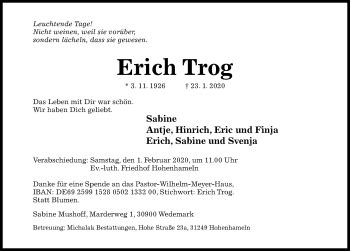 Traueranzeigen Von Erich Trog Trauerportal Hildesheimer Allgemeine