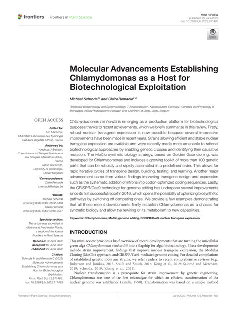 Pdf Molecular Advancements Establishing Chlamydomonas As A Host For