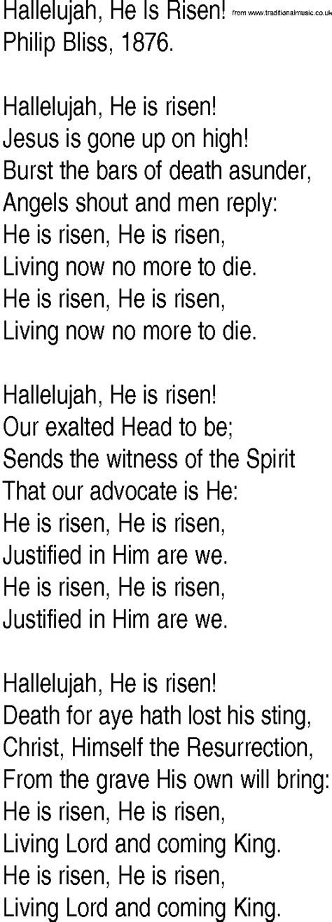 Hymn And Gospel Song Lyrics For Hallelujah He Is Risen By Philip Bliss