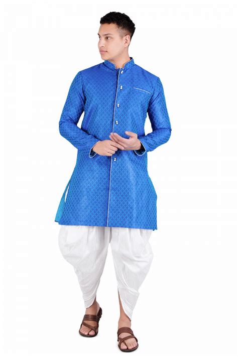 Royal Blue Satin Jacquard Dhoti Kurta Set