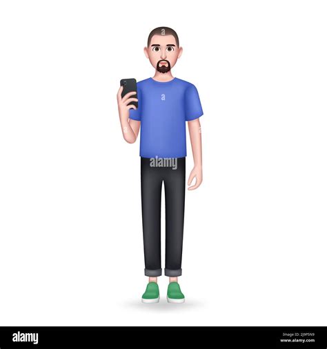 3d Man Holding Phone Isolated Human In Full Length Vector