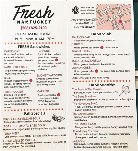 Menu at Fresh Nantucket fast food, Nantucket, 5 Salem St