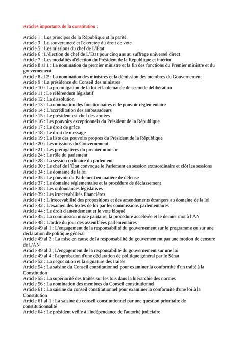 Principaux Articles De La Constitution Articles Importants De La