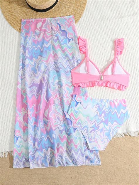 Tween Girl Allover Print Ruffle Trim Bikini Set With Beach Skirt Summer