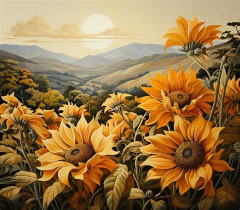 Premium AI Image Painting Of Sunflowers In A Field With Mountains In