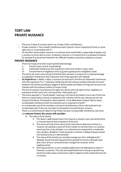 Nuisance And Rylands Lecture Notes Tort Law Private Nuisance There