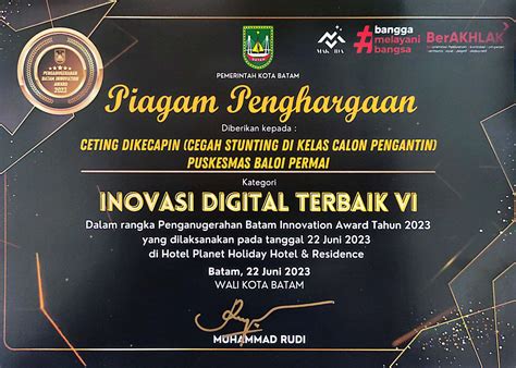 Piagam Penghargaan Inovasi Digital Terbaik Vi Puskesmas Baloi Permai