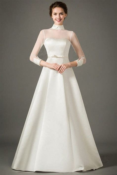 A Line High Neck Collar Sheer Tulle Sleeve Satin Wedding Dress Bow Belt