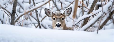 Premium Photo Curious Deer Peering Through The Snow Covered Branches