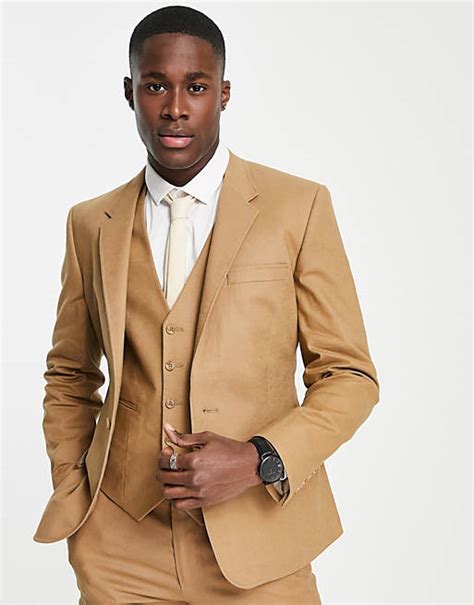 Asos Design Skinny Linen Mix Suit Jacket In Tobacco Asos