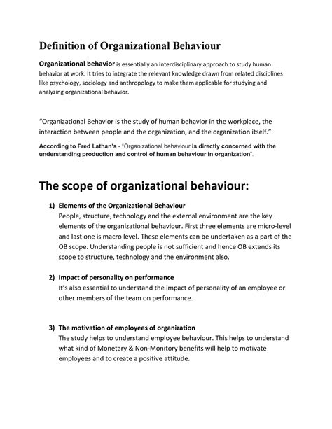 Organisational Behaviour Definition Of Organizational Behaviour