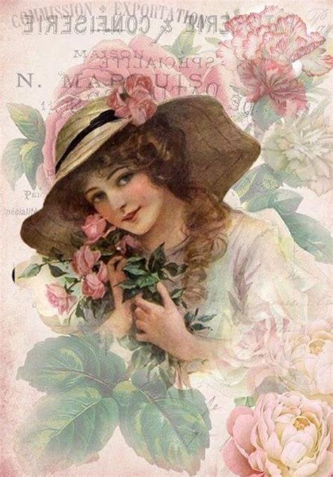 Set Of Two Victorian Woman With Pink Roses And Hat Ephemera Collage