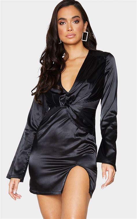 Black Satin Long Sleeve Twist Front Plunge Bodycon Dress Plunge