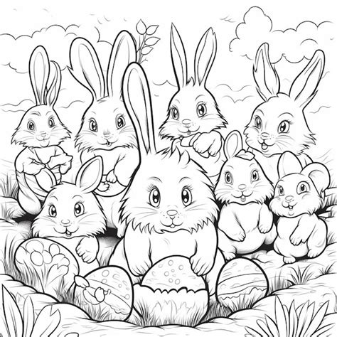 Un Dessin Au Trait Noir Et Blanc D Un Groupe De Lapins Avec Des Oeufs