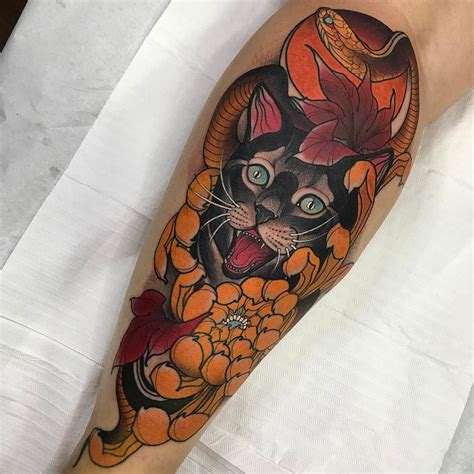 Tatuagem Criada Por Denis Vazios De Vila Velha Gato Flores No