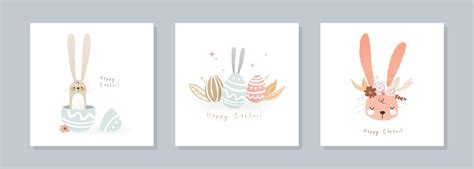 Happy Easter Card Set With Cute Bunny And Eggs Hand Drawn Funny