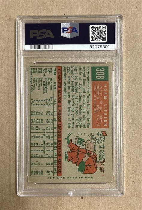 1959 Topps Baseball Norm Siebern New York Yankees Card 308 PSA 5 EBay