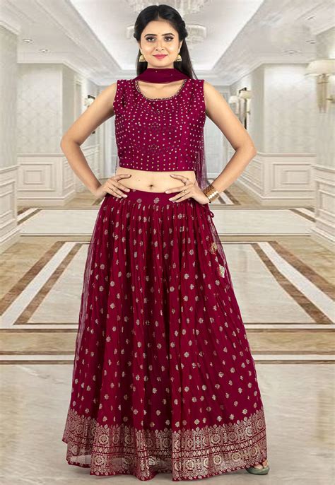 Buy Foil Printed Georgette Lehenga In Maroon Online Lqs Utsav Fashion