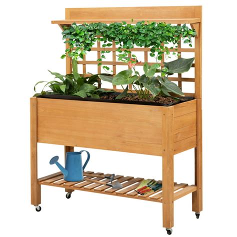 Outsunny 41 Wooden Raised Garden Bed With Wheels Trellis Upper