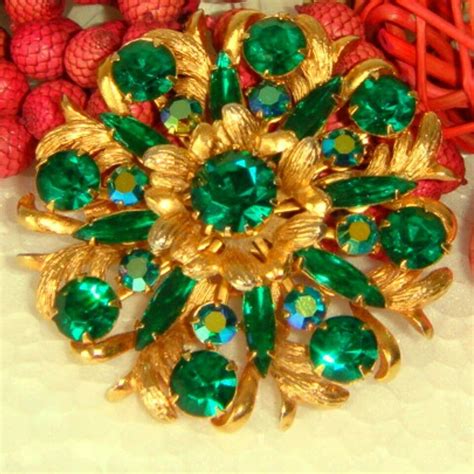 Vintage Selini Emerald Green Rhinestones Ab Gold Tone Brooch Pin Ebay