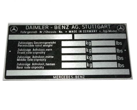 Mercedes Benz Chassis Data Plate For Mercedes 170 220 300 Model Car Ecs