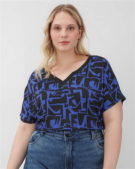 Riachuelo Blusa Plus Size Feminina Ampla Decote V Azul Filipa By