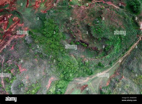 An Aerial Of Wayanad Covered In Bushes And Trees Kerala India Stock