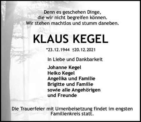 Traueranzeigen Von Klaus Kegel Vrm Trauer De