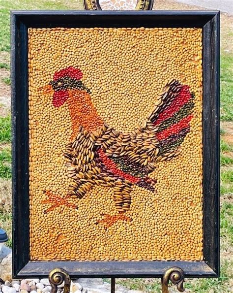 Vintage 1960s Framed Seed Art Rooster Chicken Unique Collectible