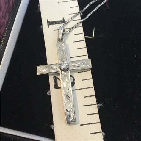 14k White Gold Vintage Etched Diamond Cross Necklace Gem