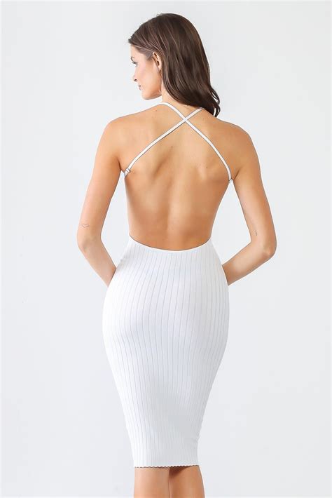 Wholesale White Ribbed Halter Neck Open Back Midi Dress