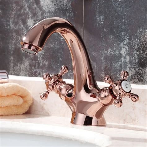 Rose Gold Brass Bathroom Sink Faucet Dual Handle Deck Mounted Copper