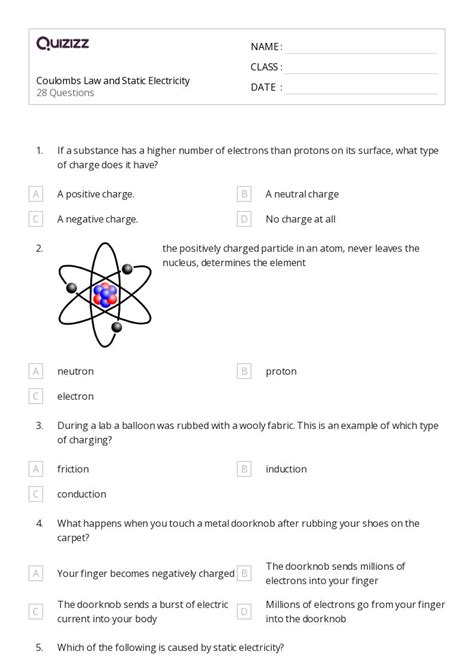 Coulombs Law And Electric Force Worksheets For Th Grade On Quizizz