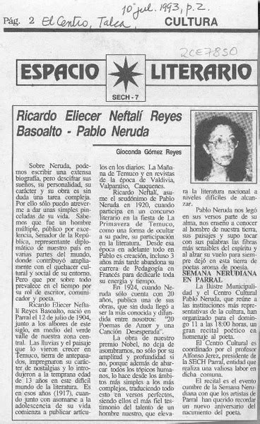 Ricardo Eliecer Neftalí Reyes Basoalto Pablo Neruda Artículo Gioconda Gómez Reyes