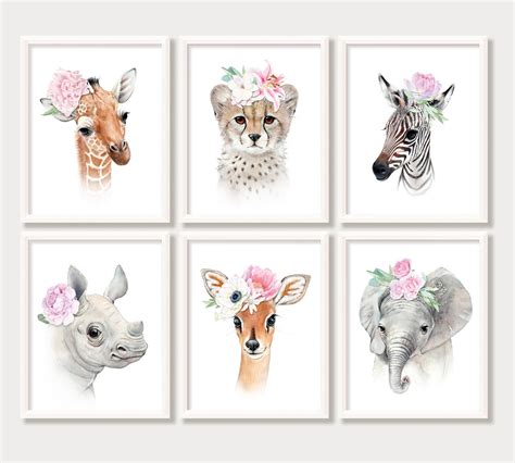 Girl Nursery Wall Art Safari Baby Animals with Flower Crown | Etsy