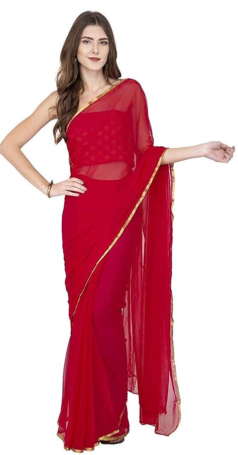 Buy LIME Plain Chiffon Red Saree With Blouse Piece For Women Free Size