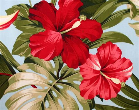 Fabric Red Hibiscus Floral On Cream Tropical Hawaii Bird Of Paradise