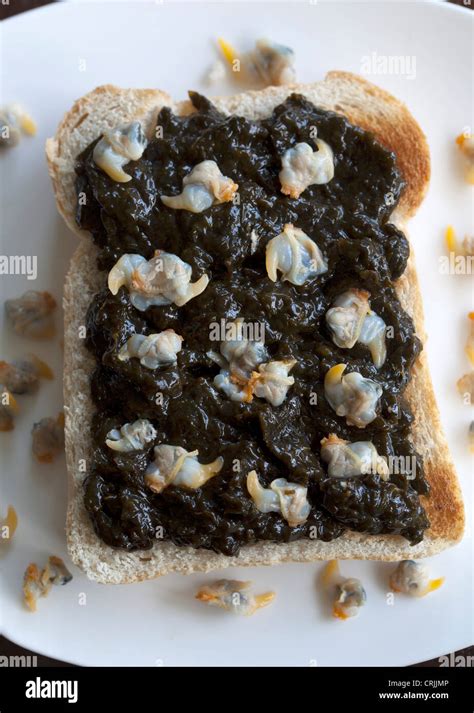 Welsh Breakfast of Laver Bread on Toast with Cockles Stock Photo - Alamy