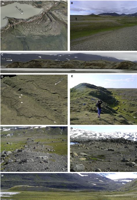 Examples of surge-type glacier end moraines. A) Large ridges in the ...