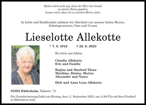 Traueranzeigen Von Lieselotte Allekotte Rz Trauer De