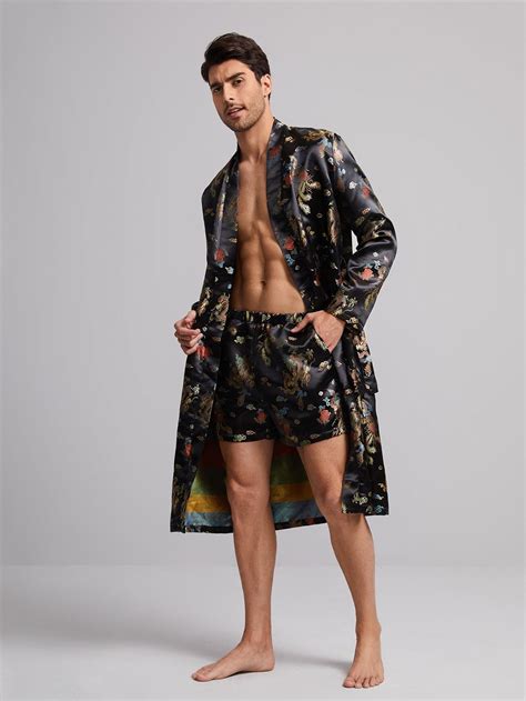 SHEIN Men Phoenix And Dragon Embroidery Robe Shorts Loungewear Set