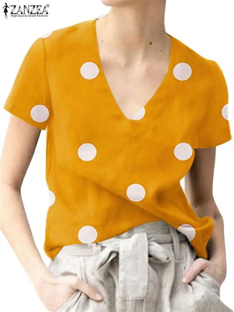 ZANZEA Women Polka Dots Printed Blouse V Neck Short Sleeve Tops