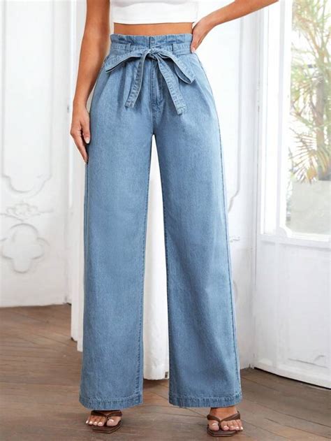 Emery Rose Paperbag Waist Belted Wide Leg Jeans Shein Usa