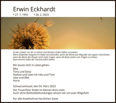 Traueranzeigen Von Erwin Eckhardt Trauer Hna De