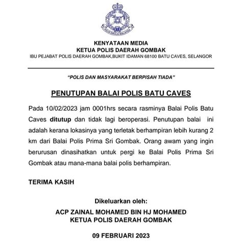 Asal Gombak On Twitter PENUTUPAN BALAI POLIS BATU CAVES Bermula Hari