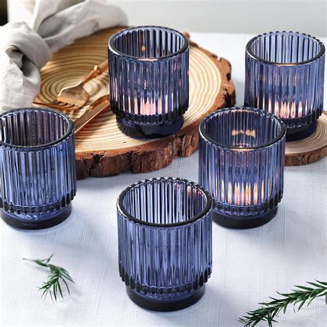 Devi 8pcs Blue Votive Candle Holder For Wedding Centerpieces Glass Ribbed Tealight