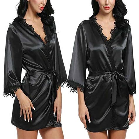 Bramtres Silk Pajamas Pj Sets Women Sexy Silk Dressing Babydoll Lace