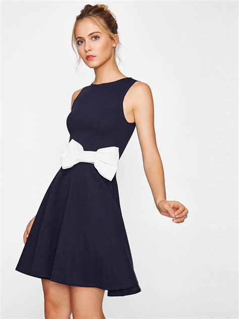 Contrast Bow Embellished Fit And Flare Dress Shein Sheinside